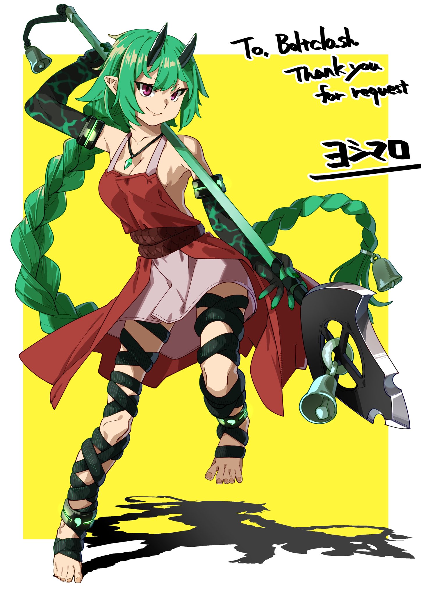 1girl anklet armlet bare_shoulders barefoot bell black_gloves black_rope border braid breasts cleavage collarbone commission commissioner_name demon_horns detached_sleeves elbow_gloves feet fighting_stance gem gloves green_gemstone green_gloves green_hair green_rope hair_bell hair_ornament highres holding holding_polearm holding_weapon horns jade_(boltclash) jade_pendant jewelry long_bangs long_hair looking_at_viewer magatama_(symbol) medium_breasts oni oni_girl original pointy_ears polearm purple_eyes rope signature single_braid skinny skirt smile smirk solo spear spread_toes standing standing_on_one_leg thank_you tiptoes toenails toes very_long_hair weapon white_border yellow_background yoshimaro