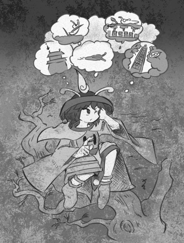 1other ajirogasa androgynous antennae armor bare_tree branch capelet castle chikafumikou commentary_request floating_clothes full_body grey_background greyscale hand_on_own_face hat in_tree japanese_armor kesa_kujiru kusazuri len&#039;en long_sleeves monochrome one_eye_closed other_focus parted_lips pom_pom_(clothes) shoes short_hair sitting sitting_in_tree slug solo thinking tree wide_sleeves