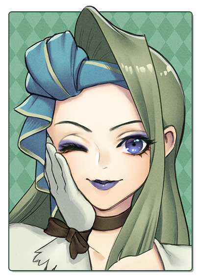 1girl blue_eyes choker closed_mouth final_fantasy final_fantasy_ix gloves green_hair lipstick long_hair looking_at_viewer makeup one_eye_closed ruby_(ff9) smile solo uboar