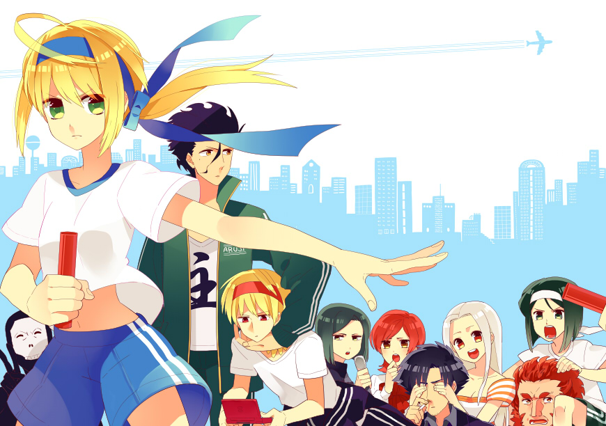 5girls 6+boys ahoge artoria_pendragon_(fate) assassin_(fate/zero) bad_id bad_pixiv_id black_hair blonde_hair bob_cut diarmuid_ua_duibhne_(fate) diarmuid_ua_duibhne_(lancer)_(fate) emiya_kiritsugu fate/zero fate_(series) gilgamesh_(fate) green_eyes green_hair gum_(gmng) gumidemo_kandero gym_uniform hair_ribbon handheld_game_console headband hisau_maiya irisviel_von_einzbern iskandar_(fate) mask multiple_boys multiple_girls nintendo_ds red_hair ribbon saber_(fate) shorts sola-ui_nuada-re_sophia-ri v waver_velvet yellow_eyes