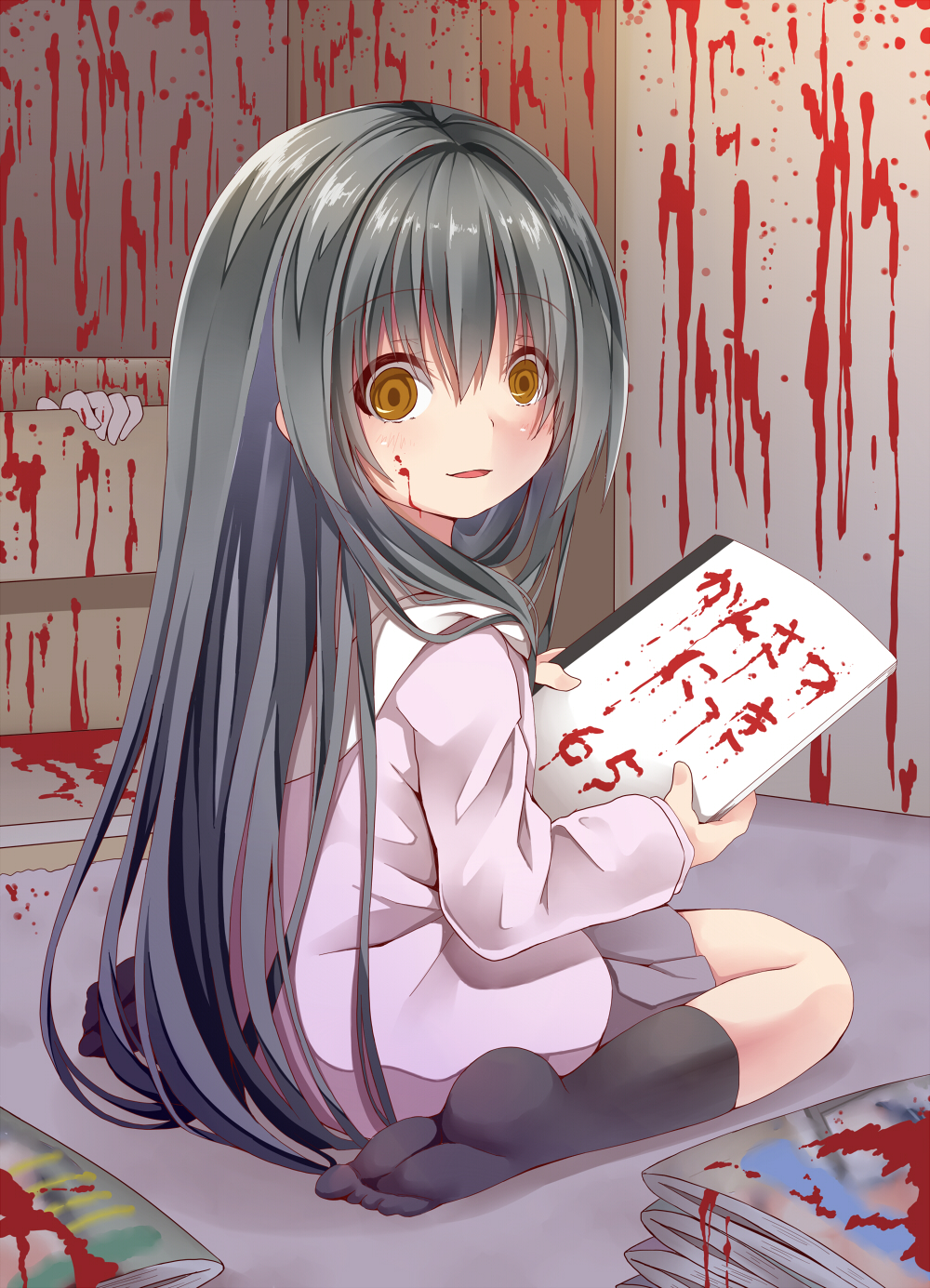 1girl black_hair black_legwear blood blood_on_face blood_stain chest_of_drawers child corpse creek_(moon-sky) empty_eyes highres long_hair looking_at_viewer manga_(object) manuscript_paper original sitting solo_focus translation_request wariza yandere yellow_eyes youjo_(creek_(moon-sky))