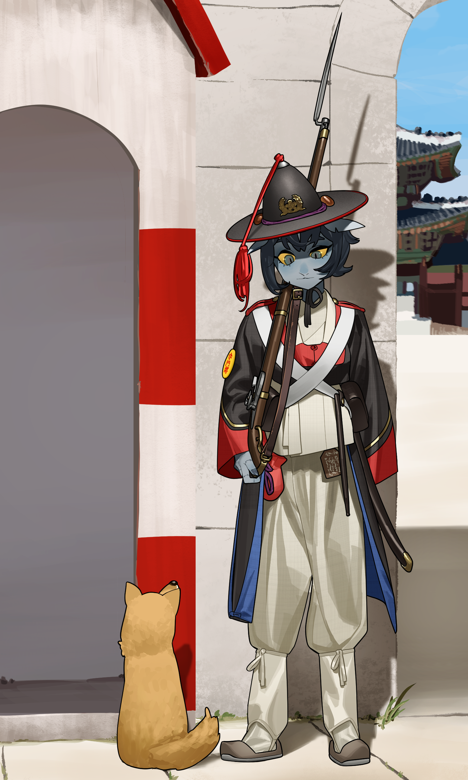 1girl absurdres architecture bayonet black_coat black_headwear blue_eyes blue_skin blue_sky closed_mouth coat colored_skin dog east_asian_architecture gun hat hat_tassel highres holding holding_gun holding_weapon military multicolored_coat original pzkpfwi shadow sky slit_pupils tassel weapon