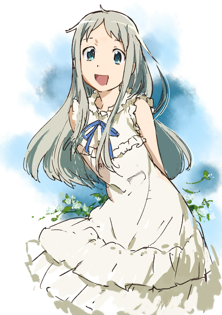 1girl ano_hi_mita_hana_no_namae_wo_bokutachi_wa_mada_shiranai. arms_behind_back blue_eyes blue_ribbon commentary_request dress grey_hair honma_meiko long_hair looking_at_viewer mitosa open_mouth outdoors ribbon sketch sleeveless sleeveless_dress solo white_dress
