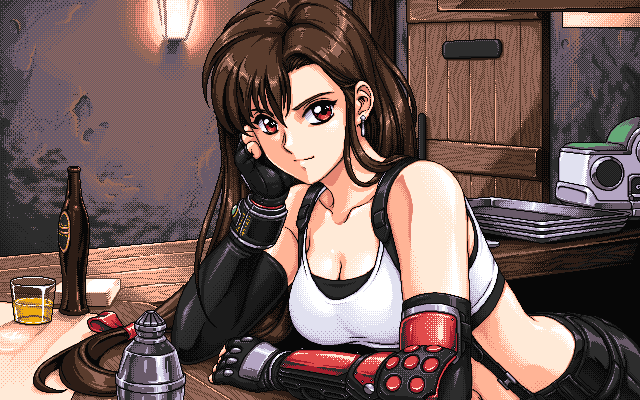 1990s_(style) 1girl bar_(place) bare_shoulders black_skirt breasts brown_hair cocktail_shaker crop_top dithered_background dithering door earrings elbow_gloves final_fantasy final_fantasy_vii final_fantasy_vii_remake fingerless_gloves glass gloves jewelry large_breasts long_hair looking_at_viewer low-tied_long_hair midriff navel pc-98_(style) pixel_art red_eyes retro_artstyle sirknightbot skirt smile soda_bottle solo suspenders tank_top tifa_lockhart tray wall_lamp