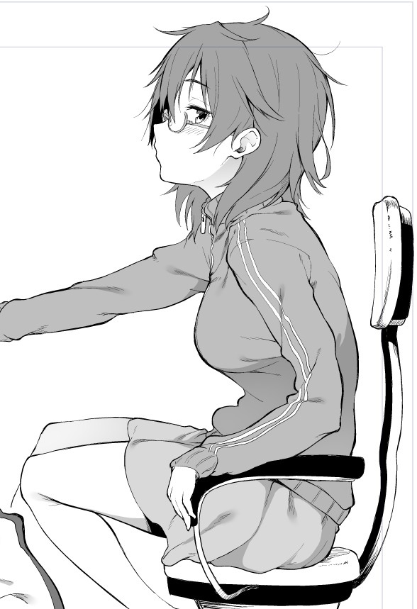10s 1girl araki_hina blush breasts female_focus from_side glasses greyscale idolmaster idolmaster_cinderella_girls jacket messy_hair monochrome profile short_hair solo spirytus_tarou