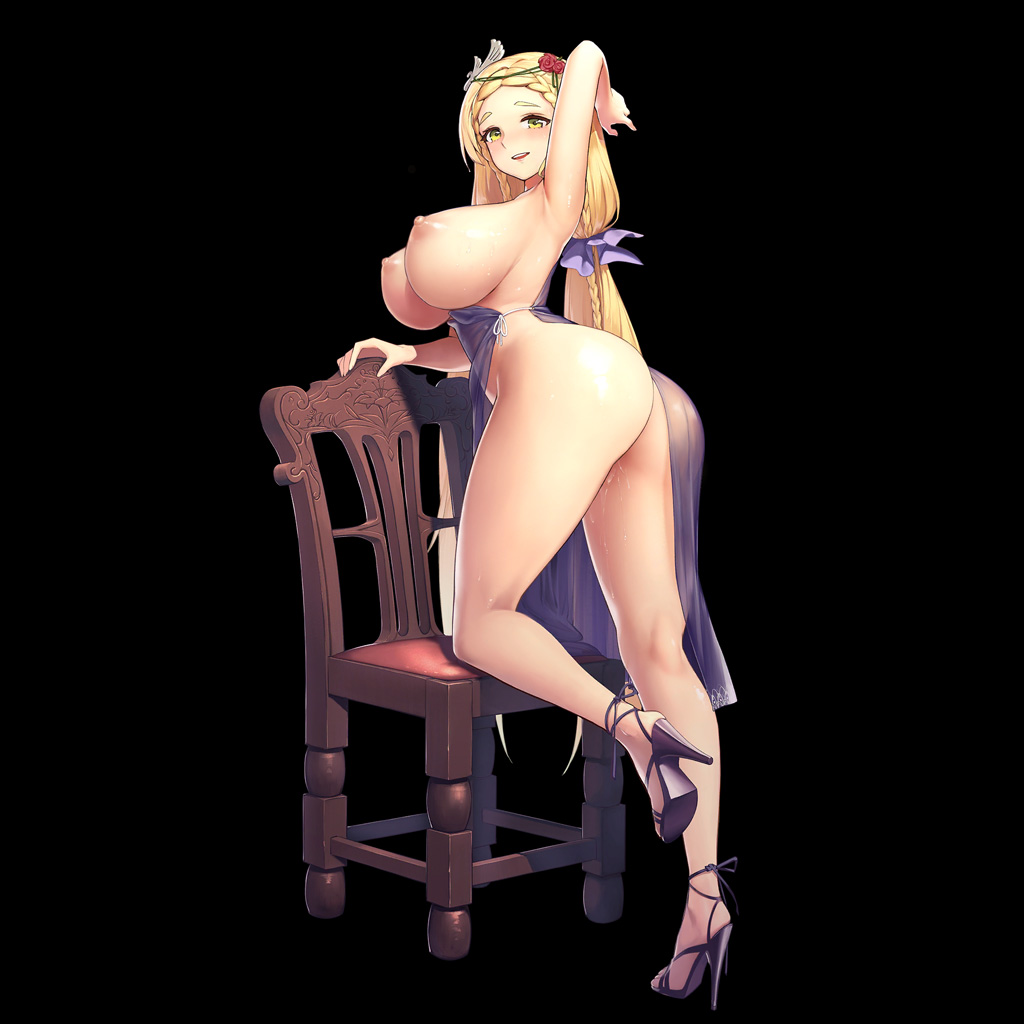 1girl arm_support arm_up armpits ass black_background blonde_hair blush braid breasts chair dress feet female_focus flower from_behind functionally_nude groin hair_flower hair_ornament high_heels kakiman large_breasts last_origin leg_support long_hair looking_at_viewer nipples no_panties nymph_(last_origin) open_mouth pussy_juice pussy_juice_trail revealing_clothes side_slit single_braid smile solo standing sweat tachi-e third-party_edit wet yellow_eyes