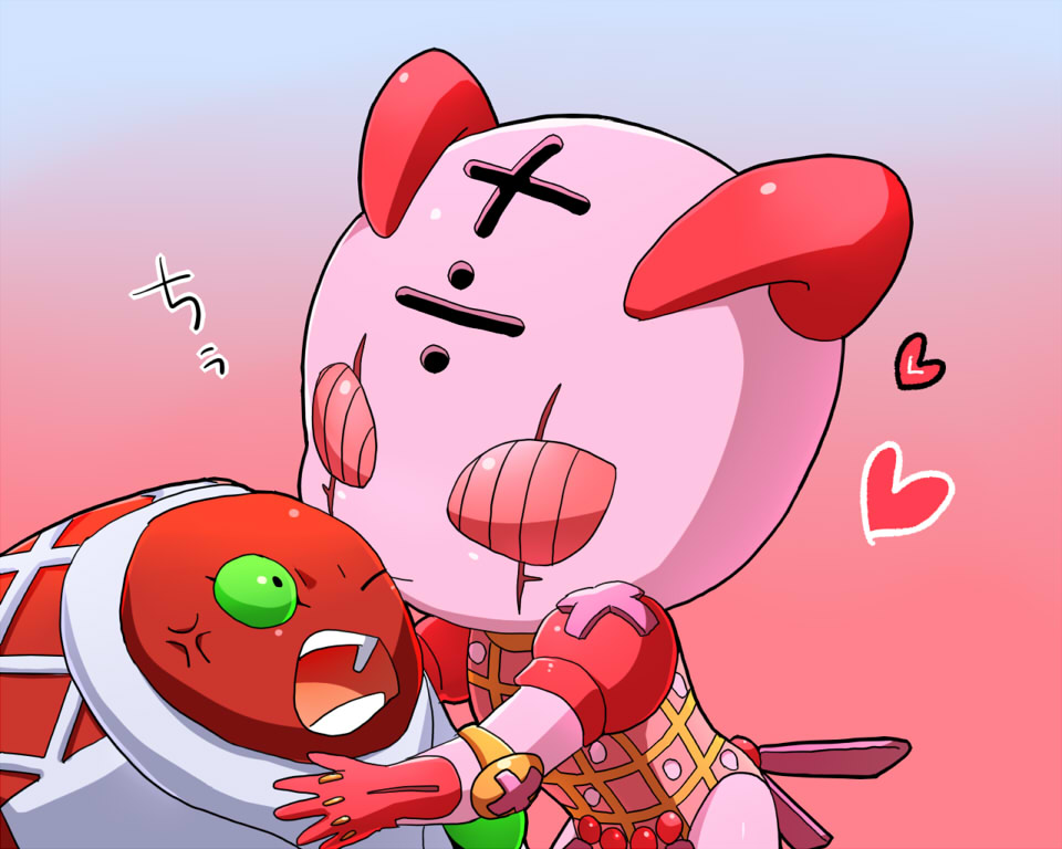 age_regression child heart jojo_no_kimyou_na_bouken kamiura king_crimson_(stand) kiss no_humans pink_background spice_girl_(stand) stand_(jojo) vento_aureo aged_down