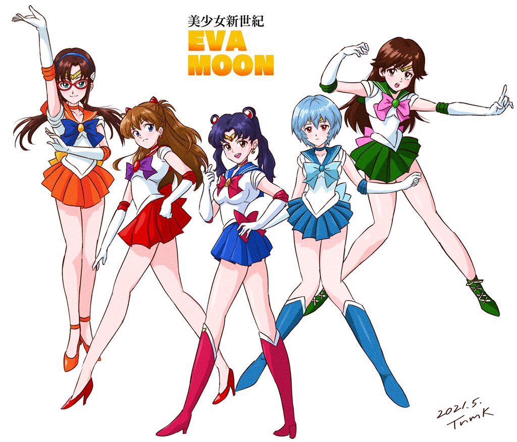 5girls aino_minako aino_minako_(cosplay) ankle_boots ayanami_rei back_bow bishoujo_senshi_sailor_moon boots bow choker commentary cosplay dated elbow_gloves full_body glasses gloves high_heel_boots high_heels hino_rei hino_rei_(cosplay) inner_senshi interface_headset_(evangelion) katsuragi_misato kino_makoto looking_at_viewer magical_girl makinami_mari_illustrious miniskirt mitsuishi_kotono mizuno_ami multiple_girls neon_genesis_evangelion pleated_skirt rebuild_of_evangelion sailor_jupiter sailor_mars sailor_mercury sailor_moon sailor_senshi_uniform sailor_venus simple_background skirt souryuu_asuka_langley suzuhara_sakura tiara translated tsukino_usagi tsunemoku voice_actor_connection white_background