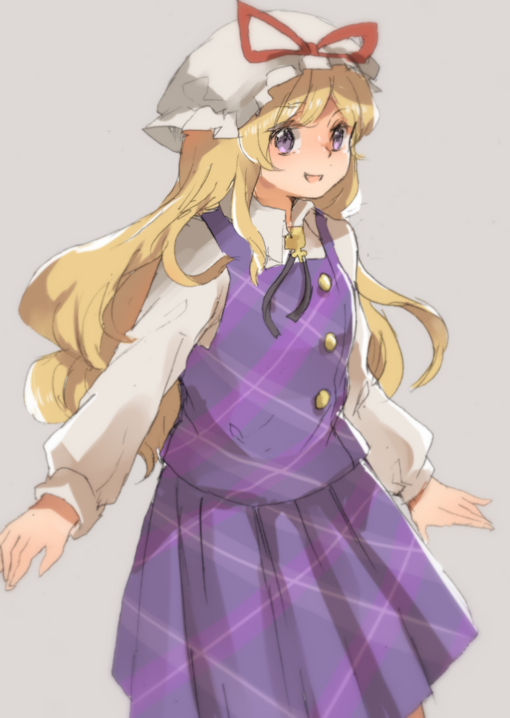 1girl blonde_hair blue_eyes cosplay dress female_focus hat highres mob_cap open_mouth plaid_clothes plaid_dress purple_eyes ribbon school_uniform shukinuko simple_background smile solo touhou usami_sumireko usami_sumireko_(cosplay) yakumo_yukari