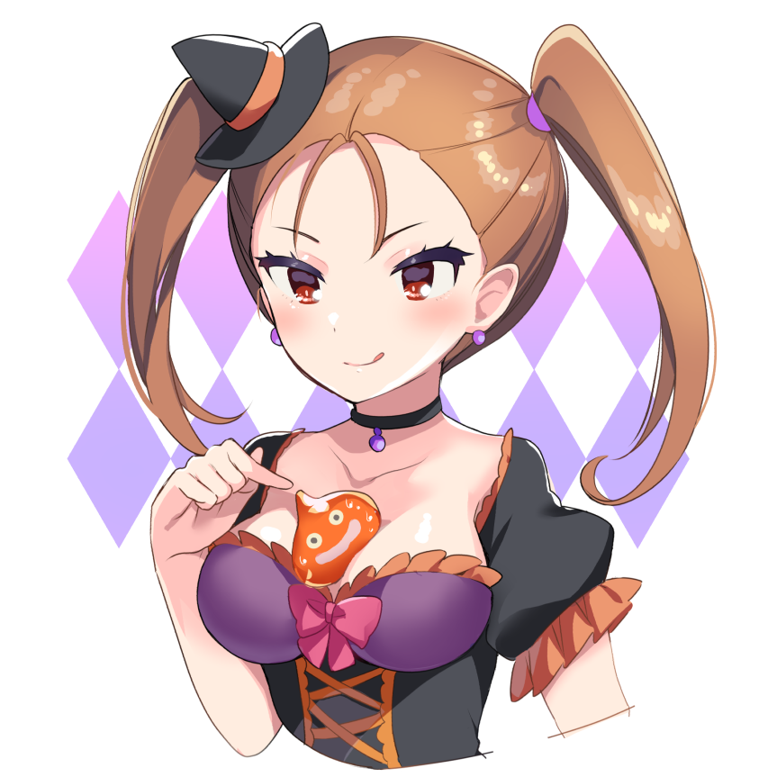 1girl :q alternate_costume argyle_background bad_id bad_twitter_id between_breasts black_choker black_hat blush bow breasts brown_eyes brown_hair choker cleavage closed_mouth commentary_request cropped_torso dragon_quest dragon_quest_viii earrings halloween_costume hand_up hat inactive_account jessica_albert jewelry large_breasts long_hair mini_hat mini_witch_hat nabeshima_(pon_nbsm) pink_bow puffy_short_sleeves puffy_sleeves short_sleeves slime_(dragon_quest) smile solo tongue tongue_out twintails upper_body witch_hat