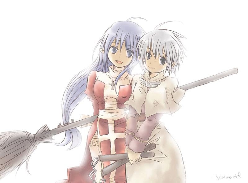 2000s_(style) 2girls acolyte_(ragnarok_online) ahoge black_eyes blue_hair broom brown_shirt capelet closed_mouth commentary_request cowboy_shot cross cross_necklace dress grey_hair high_priest_(ragnarok_online) holding holding_broom holding_nunchaku holding_weapon jewelry juliet_sleeves long_hair long_sleeves looking_at_viewer multiple_girls necklace nunchaku open_mouth pointy_ears puffy_sleeves ragnarok_online red_dress sash shirt short_hair simple_background skirt smile thighhighs two-tone_dress weapon white_background white_capelet white_dress white_sash white_skirt white_thighhighs yuina_(yuina_h)