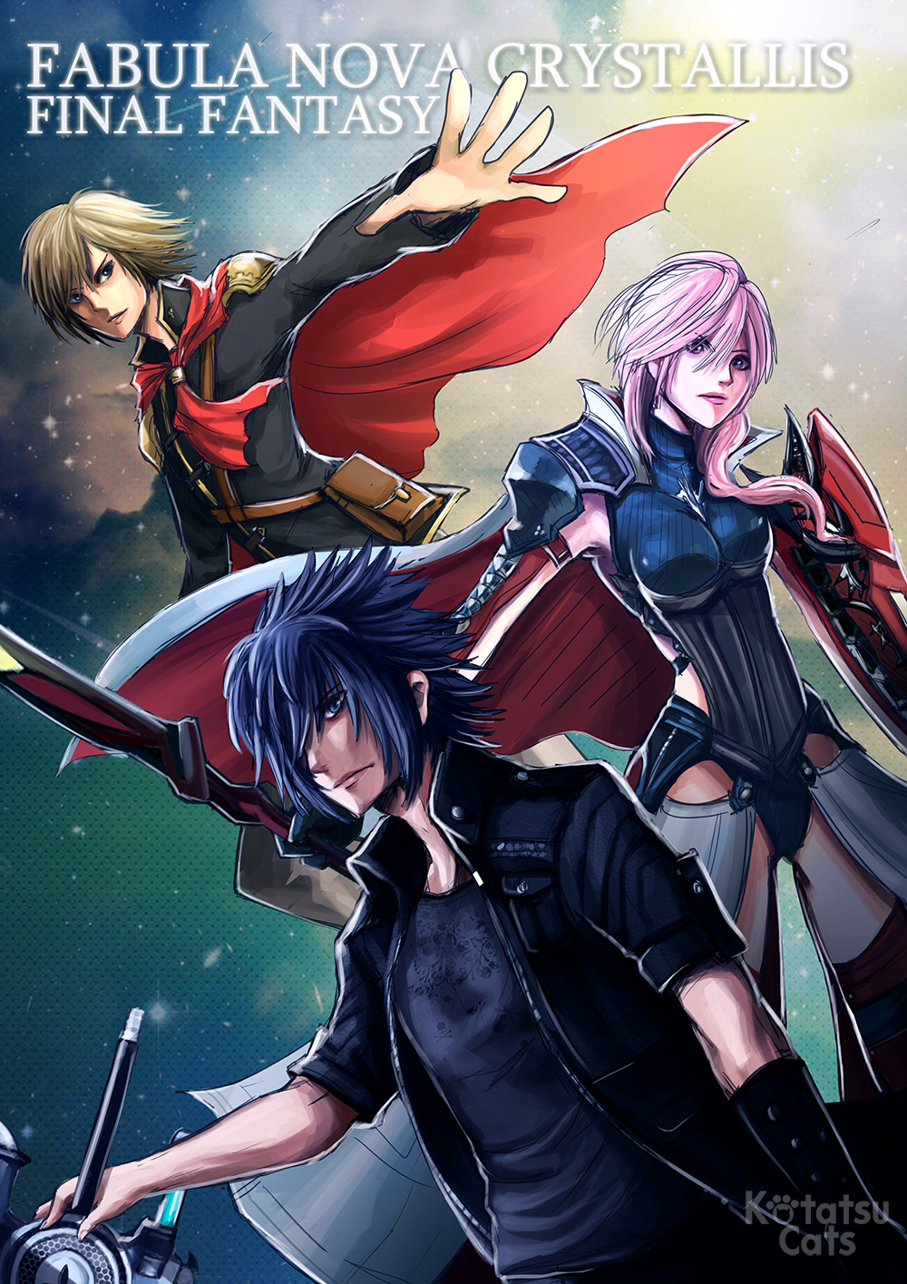 10s 1girl 2boys ace_(fft-0) armor black_hair blonde_hair breastplate cape final_fantasy final_fantasy_type-0 final_fantasy_xiii final_fantasy_xv hair_over_one_eye highres jacket kotatsucats lightning_farron lightning_returns:_final_fantasy_xiii multiple_boys noctis_lucis_caelum pink_hair shield square_enix sword weapon