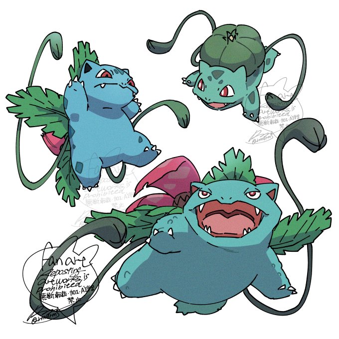 bright_pupils bulbasaur claws commentary evolutionary_line fangs fangs_out gen_1_pokemon ivysaur nintendo no_humans open_mouth plant pokemon pokemon_(creature) red_eyes sagemaru-br tongue venusaur vines white_background white_pupils