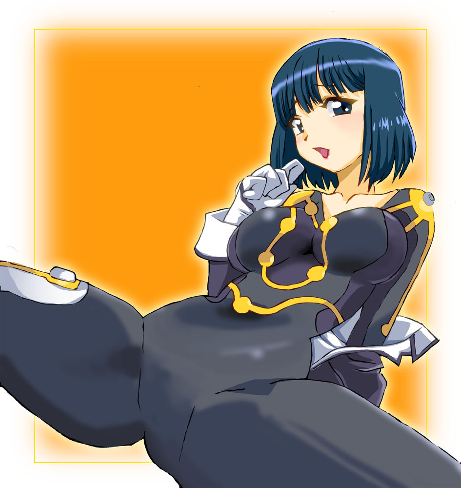 1girl black_eyes black_hair blush bodysuit breasts gloves groin_tendon hime_cut jacket kitaooji_hanabi large_breasts latex mecha_pilot_suit onnaski open_clothes open_jacket sakura_taisen sakura_taisen_iii sega short_hair spread_legs thick_thighs thighs