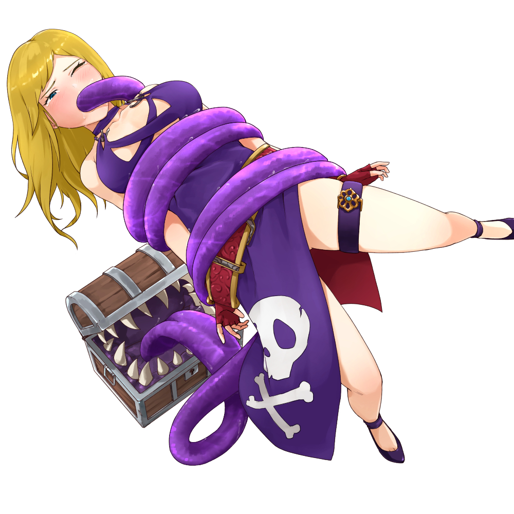 1girl blonde_hair blue_eyes blush breasts cleavage dress fatal_fury feet fingerless_gloves garou:_mark_of_the_wolves gloves high_heels imminent_rape b._jenet large_breasts legs mimic molestation monster_girl one_eye_closed restrained saliva shoes snk tears tentacle_fellatio tentacle_in_mouth tentacles the_king_of_fighters thigh_strap thighs