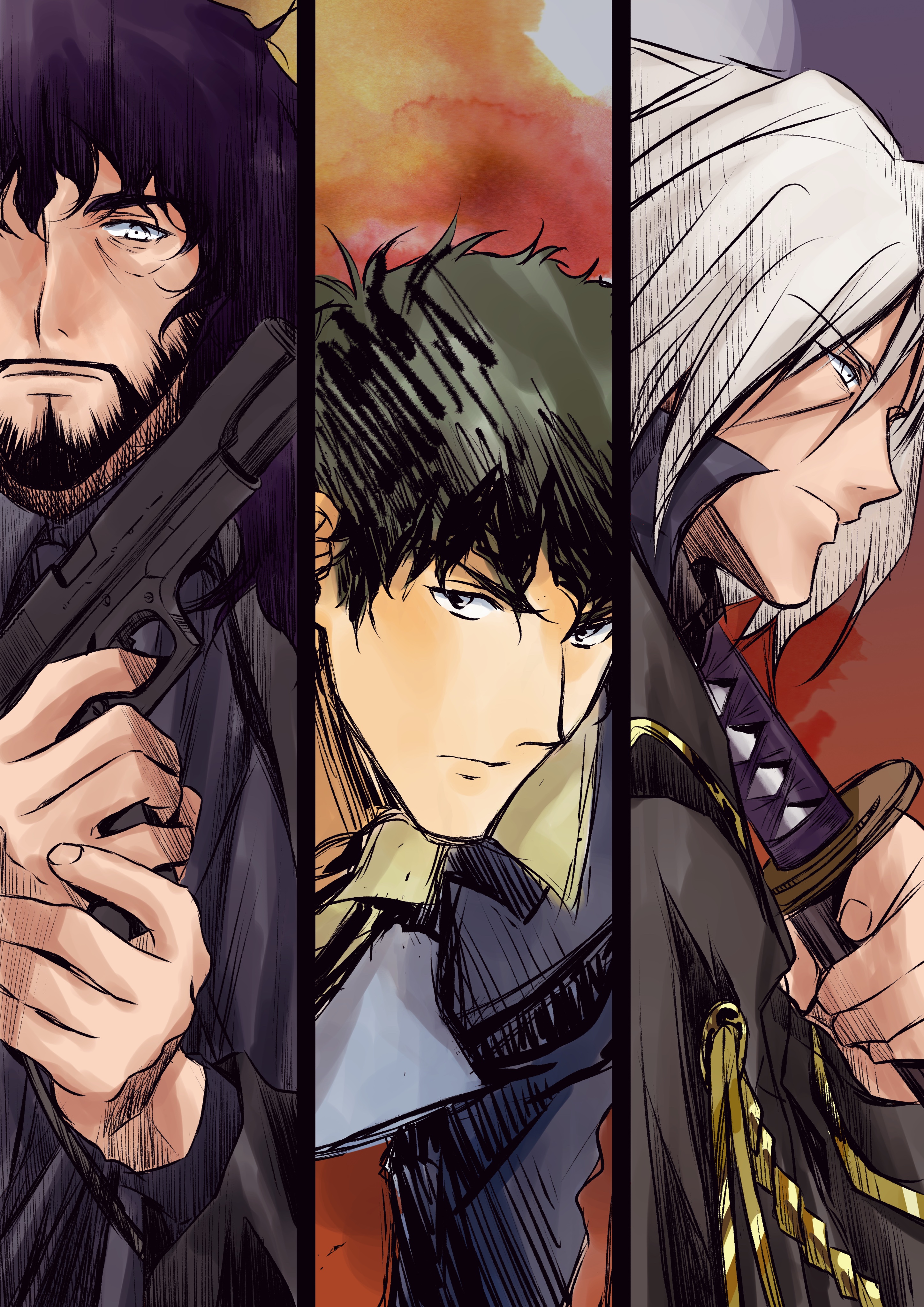 3boys absurdres beard black_eyes black_hair cowboy_bebop facial_hair gun highres holding holding_gun holding_sword holding_weapon male_focus multiple_boys necktie spike_spiegel sword tobalin vicious_(cowboy_bebop) vincent_volaju weapon