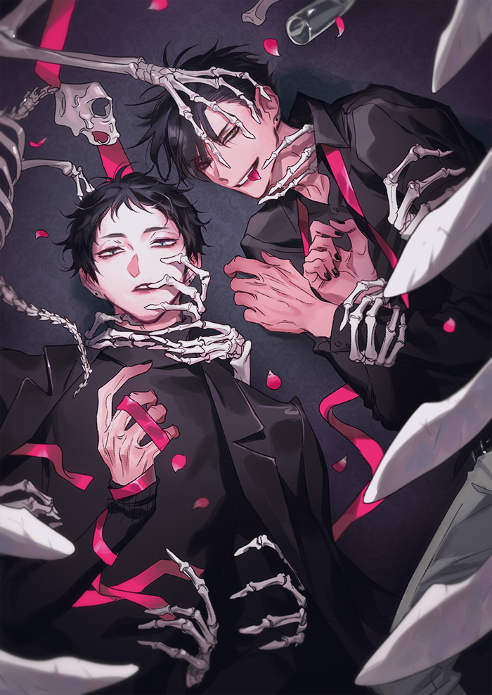 2boys akaashi_keiji black_hair black_jacket black_nails black_sweater blue_eyes blurry blurry_foreground chanoo_artz collarbone commentary empty_bottle english_commentary fingernails grey_background haikyuu!! hair_between_eyes holding holding_ribbon jacket kuroo_tetsurou looking_at_viewer lying male_focus multiple_boys on_back on_side own_hands_together parted_lips petal_in_mouth pink_petals pink_ribbon print_background ribbon short_hair skeleton sweater teeth upper_body yellow_eyes