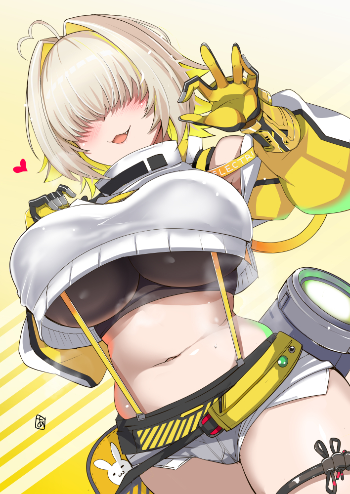 1girl :3 ahoge aoi_manabu bfg_9000 black_sports_bra blonde_hair blush breasts clothing_cutout cowboy_shot crop_top crop_top_overhang cropped_sweater dutch_angle elegg_(nikke) exposed_pocket fang from_below gloves goddess_of_victory:_nikke grey_shorts hair_intakes hair_over_eyes hands_up heart heart_ahoge huge_breasts impossible_clothes long_bangs long_sleeves medium_hair midriff multicolored_gloves multicolored_hair navel open_mouth plump shorts shoulder_cutout simple_background smile solo sports_bra suspender_shorts suspenders sweater thigh_strap thighs two-tone_hair