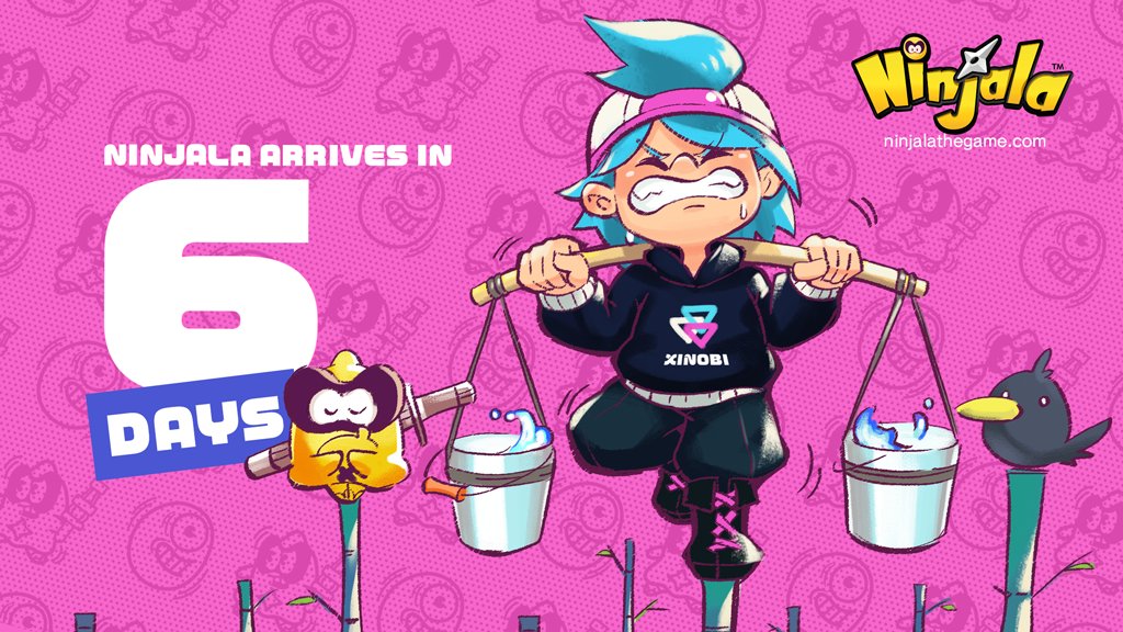 2boys ankle_boots aqua_hair backwards_hat balancing bamboo baseball_cap bird black_bird black_boots black_hood black_hoodie blue_shorts blue_sleeves boots bucket bucket_of_water character_background child clenched_teeth closed_mouth commentary copyright_name copyright_notice countdown creature crow english_commentary facial_scar full_body gumchi gungho halftone halftone_background hat holding holding_pole hood hood_down hoodie kappei_(ninjala) lace-up_boots logo logo_print medium_hair multiple_boys ninjala official_art pink_background pole polka_dot puffy_shorts rianti-wong rope scar scar_on_cheek scar_on_face second-party_source shinai shorts shuriken standing standing_on_one_leg sword teeth triangle_print water watermark weapon web_address white_hat