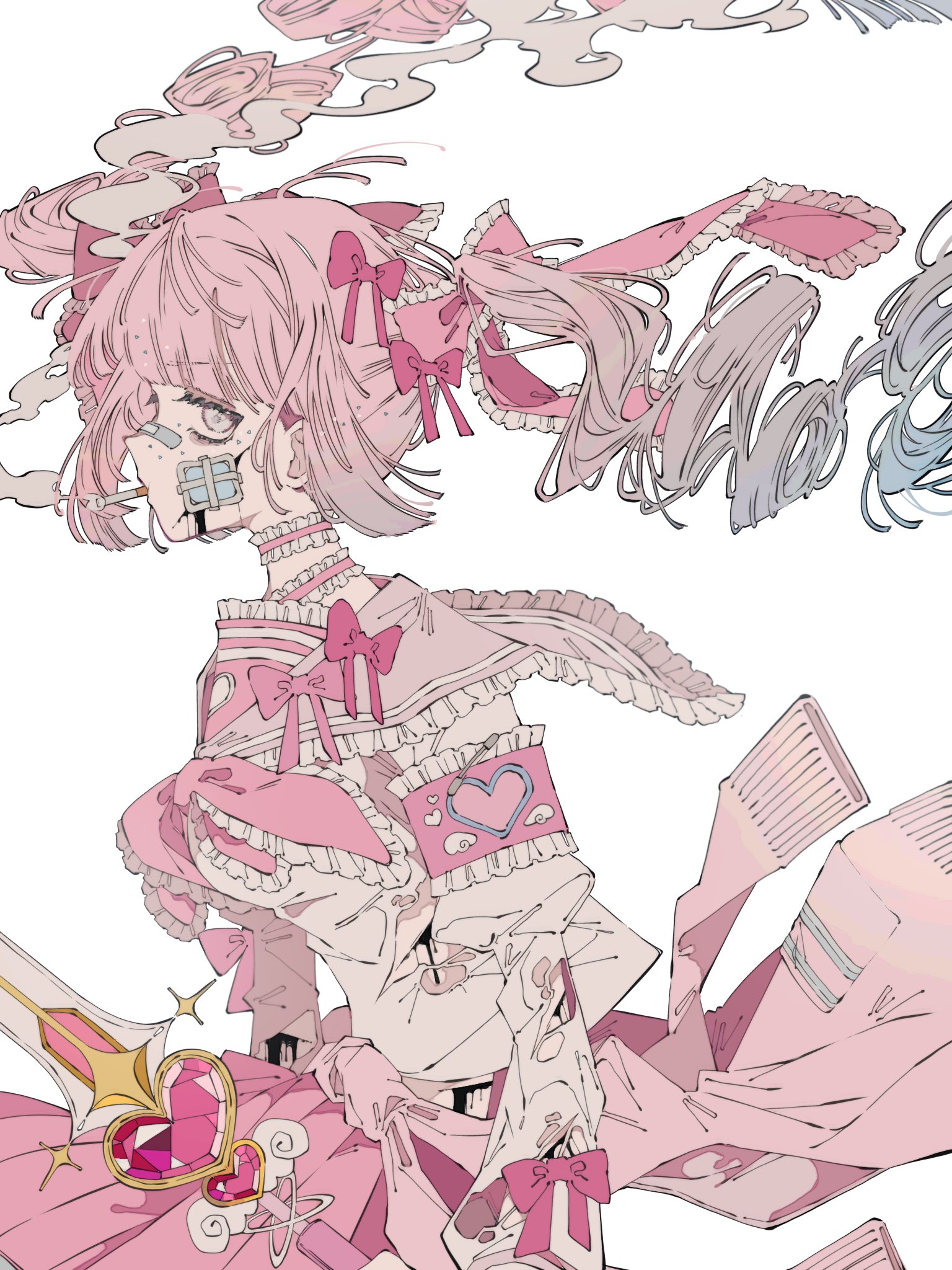 1girl bandaid bandaid_on_face bandaid_on_nose black_blood blood blood_on_face blunt_bangs bow choker cigarette cowboy_shot expressionless eyelashes floating_hair frilled_choker frills gauze gauze_on_cheek gauze_on_face gradient_hair grey_eyes hair_bow hair_ornament highres holding holding_sword holding_weapon hoshimura_yumea long_hair long_sleeves looking_at_viewer multicolored_hair neckerchief original pink_bow pink_hair pink_neckerchief pink_sailor_collar sailor_collar shirt simple_background smoke smoking solo sword weapon white_background