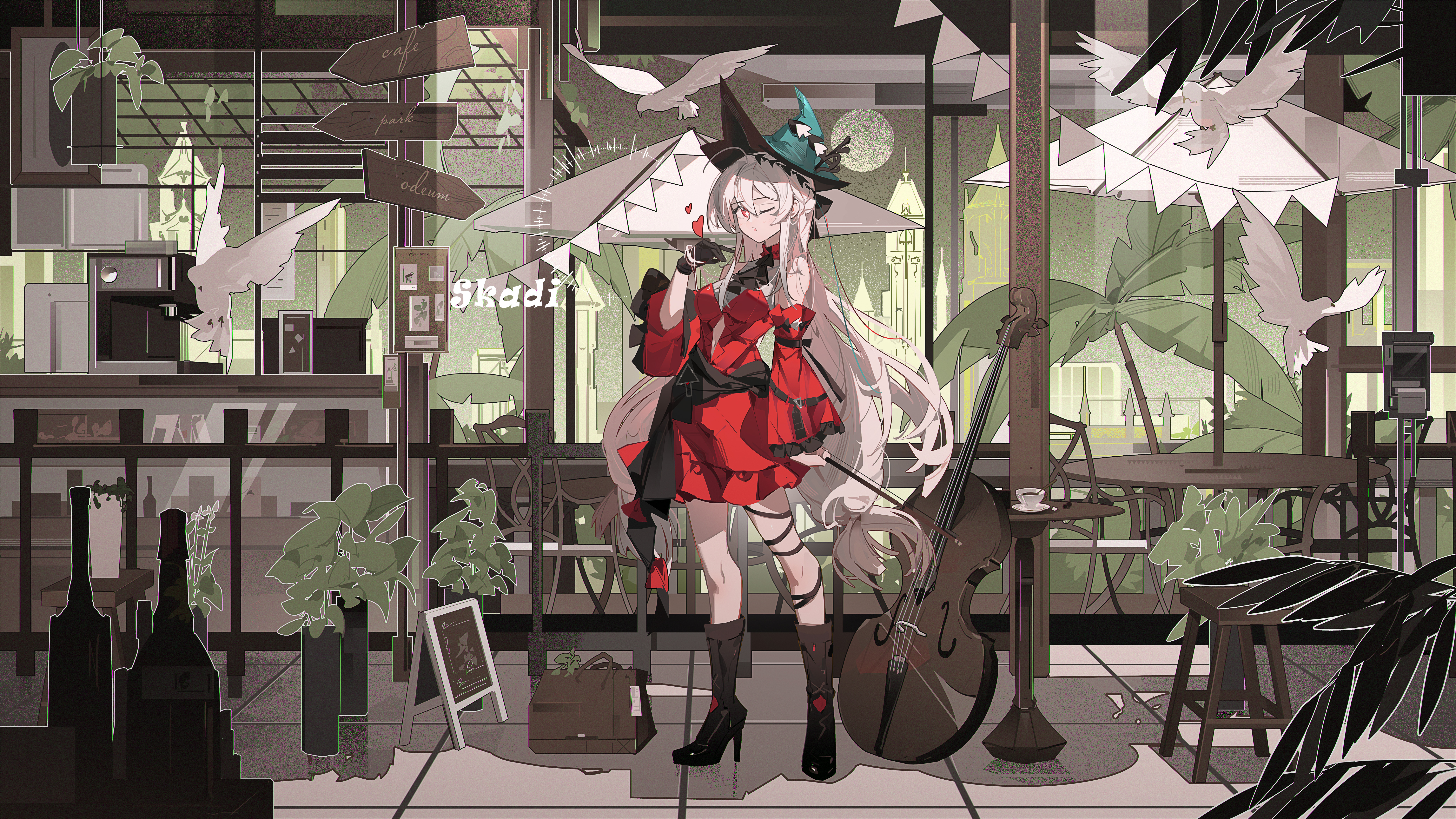 1girl absurdres alternate_gloves aqua_hat arknights bird black_boots black_gloves boots bottle bow_(music) breasts cello character_name clothing_cutout cup detached_sleeves disposable_cup dove dress espresso_machine full_body gloves hair_between_eyes hair_ornament hat heart highres holding holding_bow_(music) instrument krao long_hair long_sleeves looking_at_viewer medium_breasts menu_board navel_cutout one_eye_closed plant red_dress red_eyes red_sleeves sidelocks signpost single_glove skadi_(arknights) skadi_the_corrupting_heart_(arknights) solo standing stool table teacup very_long_hair white_hair