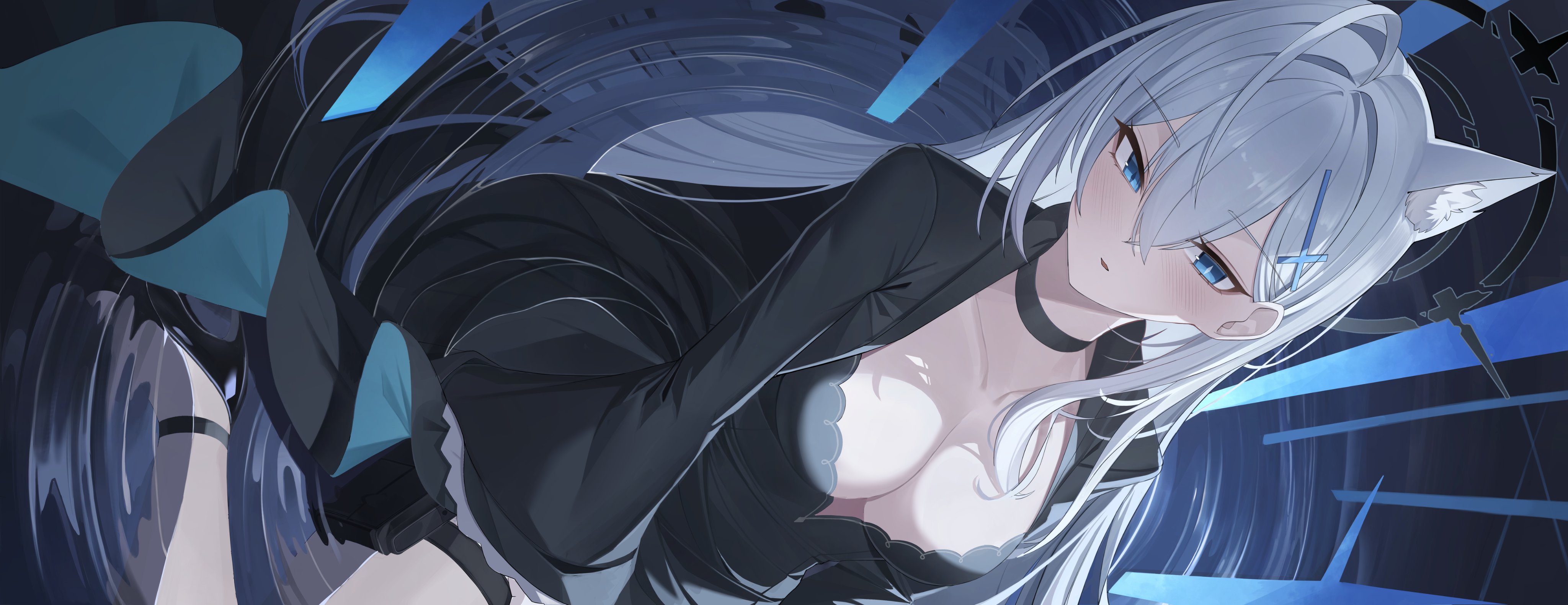 1girl absurdres ahoge animal_ear_fluff animal_ears black_choker black_dress black_halo blue_archive blue_eyes blush breasts broken_halo choker cleavage cross cross_hair_ornament dark_halo dress extra_ears grey_hair hair_between_eyes hair_ornament halo highres inverted_cross large_breasts long_hair long_sleeves looking_at_viewer mismatched_pupils pang-yo shiroko_(blue_archive) shiroko_terror_(blue_archive) solo wolf_ears wolf_girl