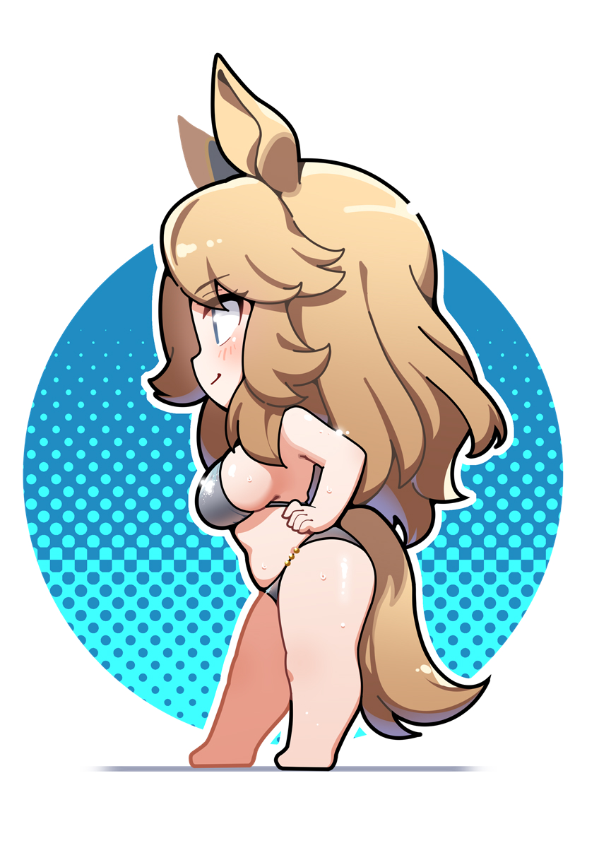 1girl alternate_costume animal_ears barefoot bikini blonde_hair blue_background blue_eyes blush breasts chibi chibi_only closed_mouth commentary_request from_side full_body gold_city_(umamusume) grey_bikini hand_on_own_hip highres horse_ears horse_girl horse_tail long_hair medium_breasts partial_commentary polka_dot polka_dot_background simple_background smile solo sweat sweatdrop swimsuit tail two-tone_background umamusume warashi white_background