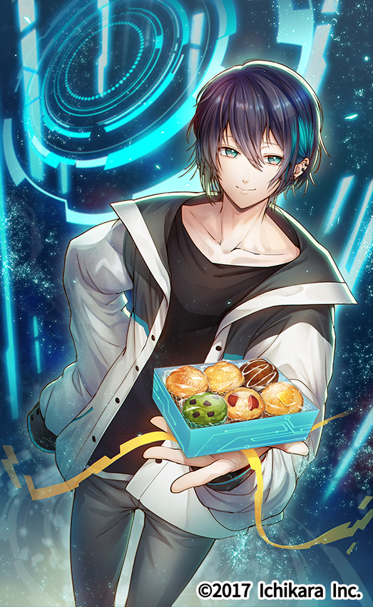 1boy aqua_hair black_hair black_shirt box collarbone copyright_notice cowboy_shot ear_piercing food green_eyes grey_pants hair_between_eyes hand_on_own_hip holding holding_box holographic_interface hotaruika_niji incoming_gift jacket long_sleeves looking_at_viewer male_focus mayuzumi_kai mayuzumi_kai_(1st_costume) muffin multicolored_hair nijisanji official_art open_clothes open_jacket pants piercing ribbon shirt short_hair sleeves_past_fingers sleeves_past_wrists smile solo standing streaked_hair virtual_youtuber white_day white_jacket yellow_ribbon