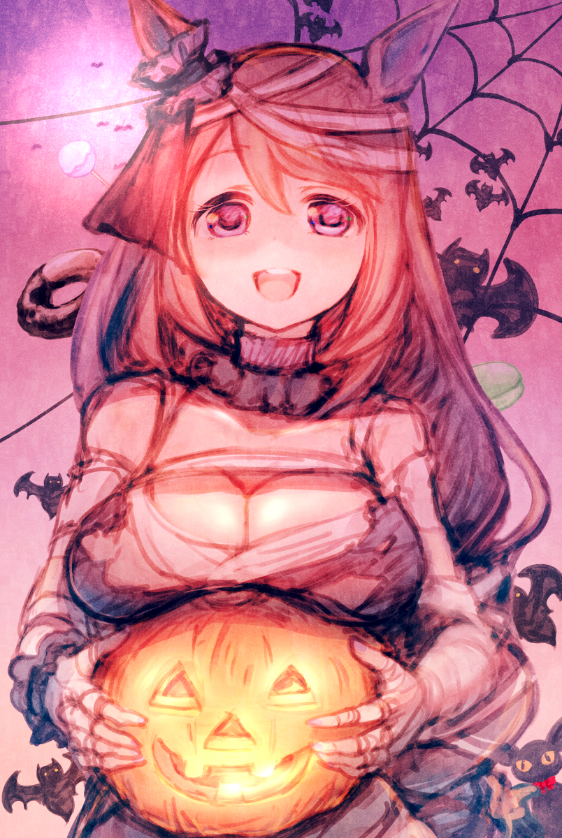 1girl :d animal_ears bandaged_arm bandaged_hand bandaged_head bandaged_torso bandages bandeau bare_shoulders bat_background blue_eyes breast_rest breasts brown_hair chest_sarashi cleavage commentary_request ear_scrunchie hair_between_eyes halloween highres horse_ears jack-o&#039;-lantern large_breasts long_hair looking_at_viewer low-braided_long_hair low-tied_long_hair mummy_costume official_alternate_costume open_mouth purple_bandeau sarashi smile solo spider_web_background super_creek_(chiffon_ribbon_mummy)_(umamusume) super_creek_(umamusume) teeth torn_bandeau umamusume upper_teeth_only usapenpen2019 veil very_long_hair