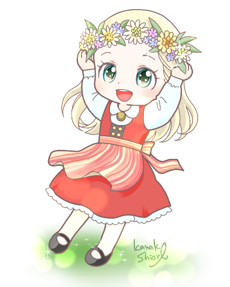 1girl apron aqua_eyes blonde_hair blush chibi dress full_body head_wreath kanakisiori long_hair mary_janes midsummer open_mouth original red_dress shoes signature smile sweden swedish_clothes waist_apron