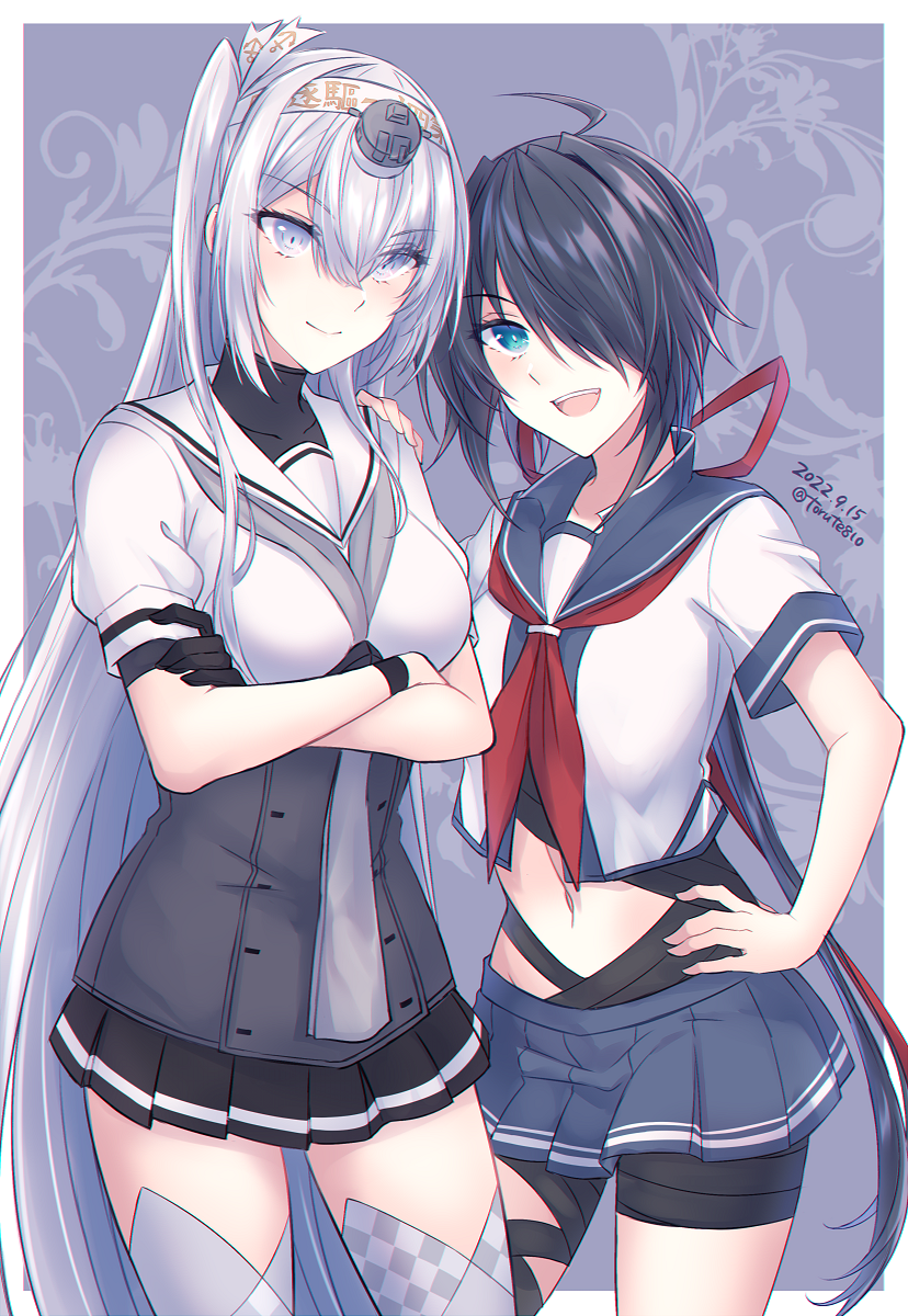 2girls ahoge bandaged_leg bandages black_gloves black_hair black_skirt blue_eyes blue_sailor_collar blue_skirt breasts closed_mouth crop_top crossed_arms dated fuyutsuki_(kancolle) gloves grey_eyes grey_hair grey_neckerchief grey_thighhighs hachimaki hair_over_one_eye hair_ribbon hand_on_another&#039;s_shoulder headband headgear highres kabocha_torute kako_(kancolle) kako_kai_ni_(kancolle) kantai_collection large_breasts long_hair looking_at_viewer medium_breasts miniskirt multiple_girls neckerchief one_side_up open_mouth pleated_skirt red_ribbon ribbon sailor_collar school_uniform serafuku short_sleeves simple_background skirt thighhighs twitter_username very_long_hair white_headband white_sailor_collar