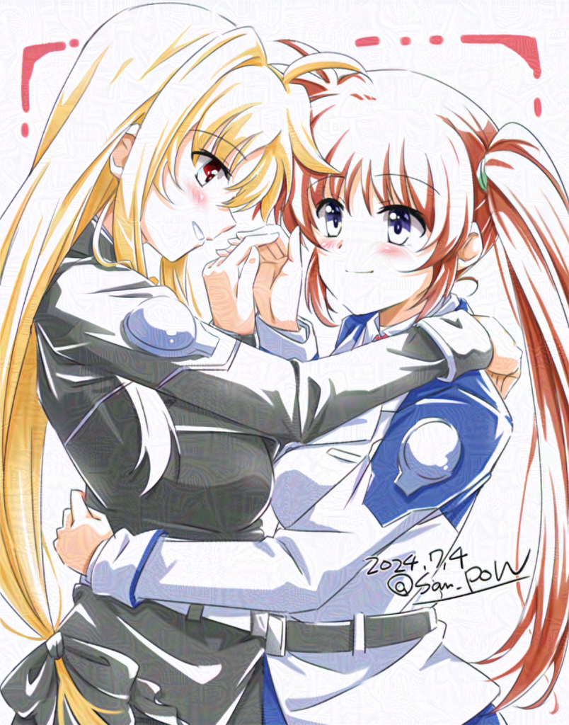 2girls blonde_hair couple eye_contact fate_testarossa happy holding_hands looking_at_another lyrical_nanoha mahou_shoujo_lyrical_nanoha_vivid military_uniform multiple_girls orange_hair purple_eyes red_eyes san-pon side_ponytail smile takamachi_nanoha tsab_air_military_uniform tsab_executive_military_uniform yuri