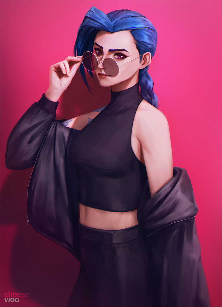 1girl adjusting_eyewear alternate_costume arcane:_league_of_legends arm_tattoo bare_shoulders black_jacket black_pants black_shirt blue_eyes braid braided_ponytail breasts cheesewoo closed_mouth cowboy_shot crop_top from_side hand_on_eyewear highres jacket jinx_(league_of_legends) league_of_legends long_hair looking_at_viewer midriff off_shoulder pants pink_background pink_eyes shirt sleeveless sleeveless_shirt small_breasts solo sunglasses tattoo