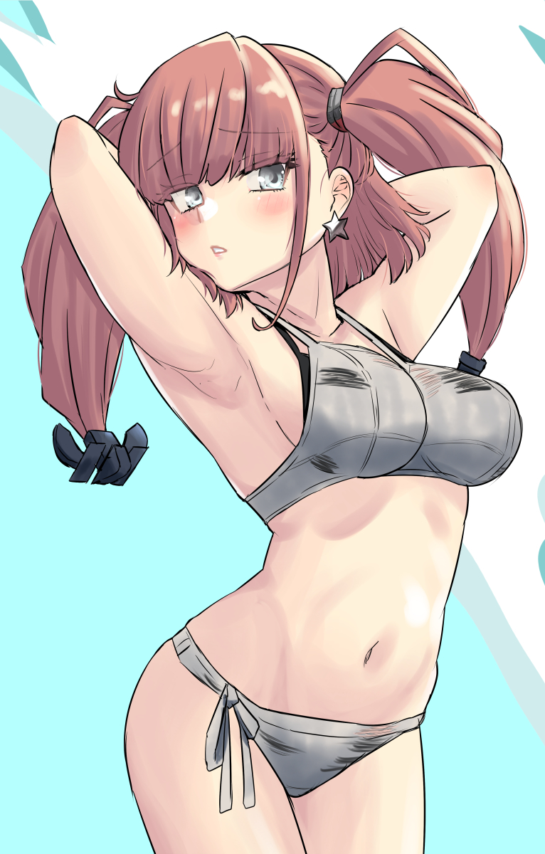 1girl anchor_hair_ornament armpits arms_behind_head arms_up atlanta_(kancolle) atlanta_(swimsuit)_(kancolle) bikini breasts brown_hair earrings grey_bikini grey_eyes hair_ornament highres jewelry kantai_collection large_breasts long_hair looking_at_viewer navel nekotarou_(nktr299) official_alternate_costume side-tie_bikini_bottom solo star_(symbol) star_earrings swimsuit two_side_up