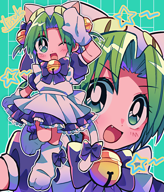 1girl :d animal_hat apron back_bow bell blue_bow blue_bowtie blue_dress bow bowtie cat_girl cat_hat cat_tail commentary_request dejiko di_gi_charat dress fang footwear_bow green_eyes green_hair hair_bell hair_bow hair_ornament hand_on_own_head hat jingle_bell looking_at_viewer medium_hair mittens multiple_views neck_bell one_eye_closed open_mouth outline parted_bangs paw_shoes puffy_short_sleeves puffy_sleeves shoes short_sleeves smile standing standing_on_one_leg tail tail_bow tail_ornament two_side_up v-shaped_eyebrows white_apron white_bow white_hat white_mittens white_outline white_shoes yuusuke-kun