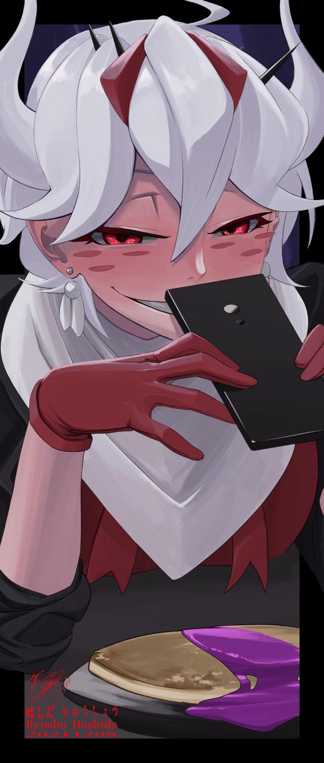 1girl beelzebub_(helltaker) blush demon_girl demon_horns food gloves grin helltaker highres holding holding_phone horns pancake phone red_eyes red_gloves red_vest ryusho_hashida smile solo vest white_hair