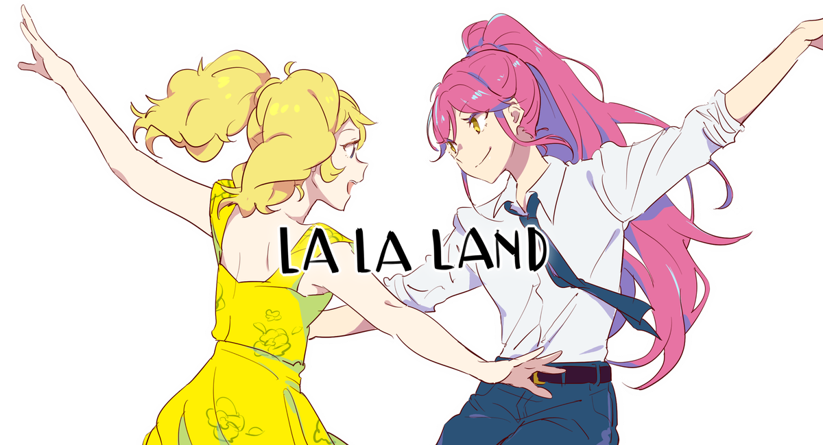 2girls :d aikatsu! aikatsu!_(series) arm_up bad_id bad_twitter_id blonde_hair blue_eyes blue_necktie blue_pants closed_mouth collared_shirt cowboy_shot dancing dress image_sample long_hair looking_at_another multiple_girls necktie open_mouth otoshiro_seira outstretched_arms pants pink_hair ponytail saegusa_kii shiontaso shirt simple_background sleeveless sleeveless_dress smile spread_arms standing twintails twitter_sample white_background white_shirt yellow_dress