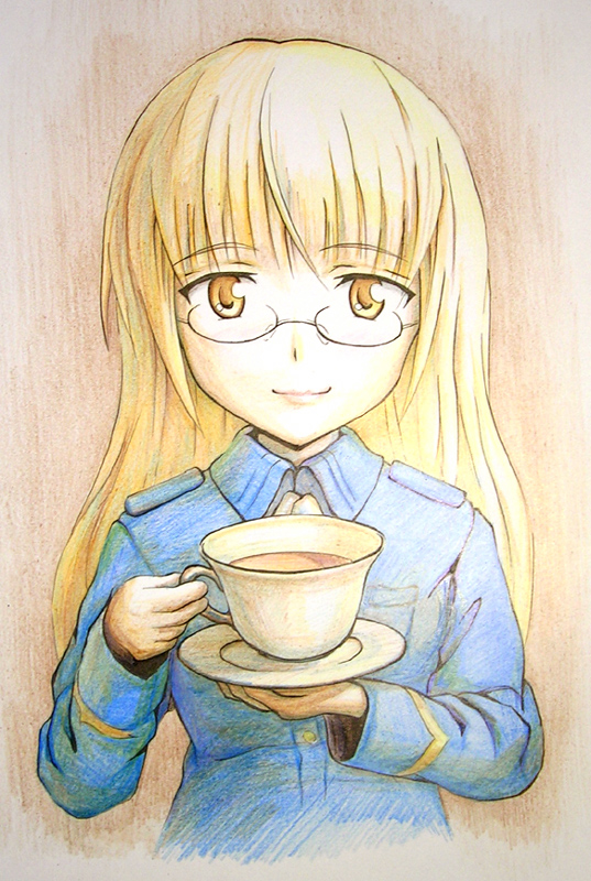 00s 1girl bad_id bad_pixiv_id blonde_hair cup female_focus glasses gomoki long_hair military military_uniform perrine_h._clostermann smile solo strike_witches tea teacup traditional traditional_media world_witches_series yellow_eyes