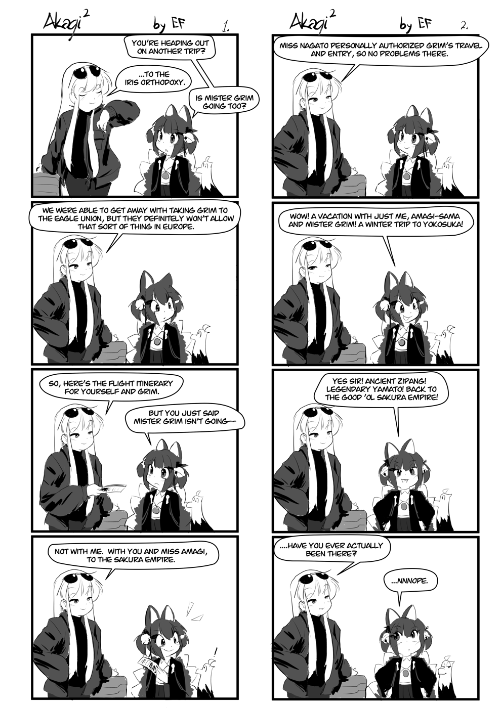 4koma aged_down akagi-chan_(azur_lane) animal_ears azur_lane bell bird comic eagle english_text enterprise_(azur_lane) ethan_forsythe eyewear_on_head fox_ears grim_(azur_lane) hair_bell hair_ornament highres jacket left-to-right_manga multiple_4koma open_clothes open_jacket rolling_suitcase suitcase sunglasses sweater turtleneck turtleneck_sweater