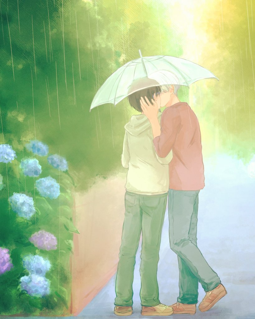2boys bad_id bad_pixiv_id black_hair denim flower hood hoodie hydrangea jeans katsuki_yuuri kiss male_focus multiple_boys pants rain silver_hair takeshi_(mononohu20) transparent transparent_umbrella umbrella viktor_nikiforov yaoi yuri!!!_on_ice