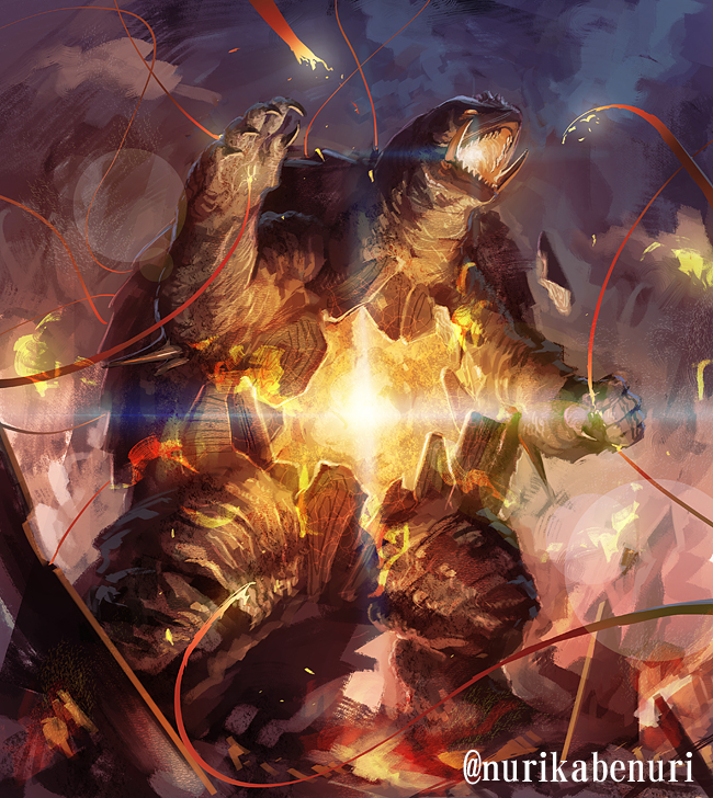 daiei_film energy energy_whip epic gamera gamera_(series) gamera_2:_attack_of_legion giant giant_monster glowing glowing_eyes glowing_mouth kaiju mana_(mythology) monster night nurikabe_(mictlan-tecuhtli) open_mouth plasma red_rod_(gamera) steam turtle turtle_shell tusks ultimate_plasma whip
