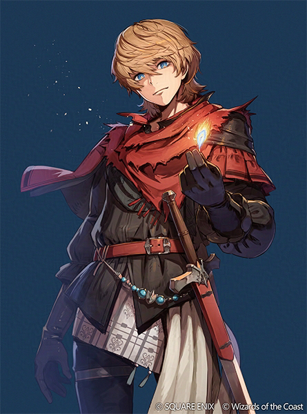 1boy blonde_hair blue_eyes commentary copyright_notice feathers final_fantasy final_fantasy_xvi glowing_feather holding holding_feather joshua_rosfield kuroi_susumu magic:_the_gathering official_art red_scarf scabbard scarf sheath simple_background solo standing sword weapon
