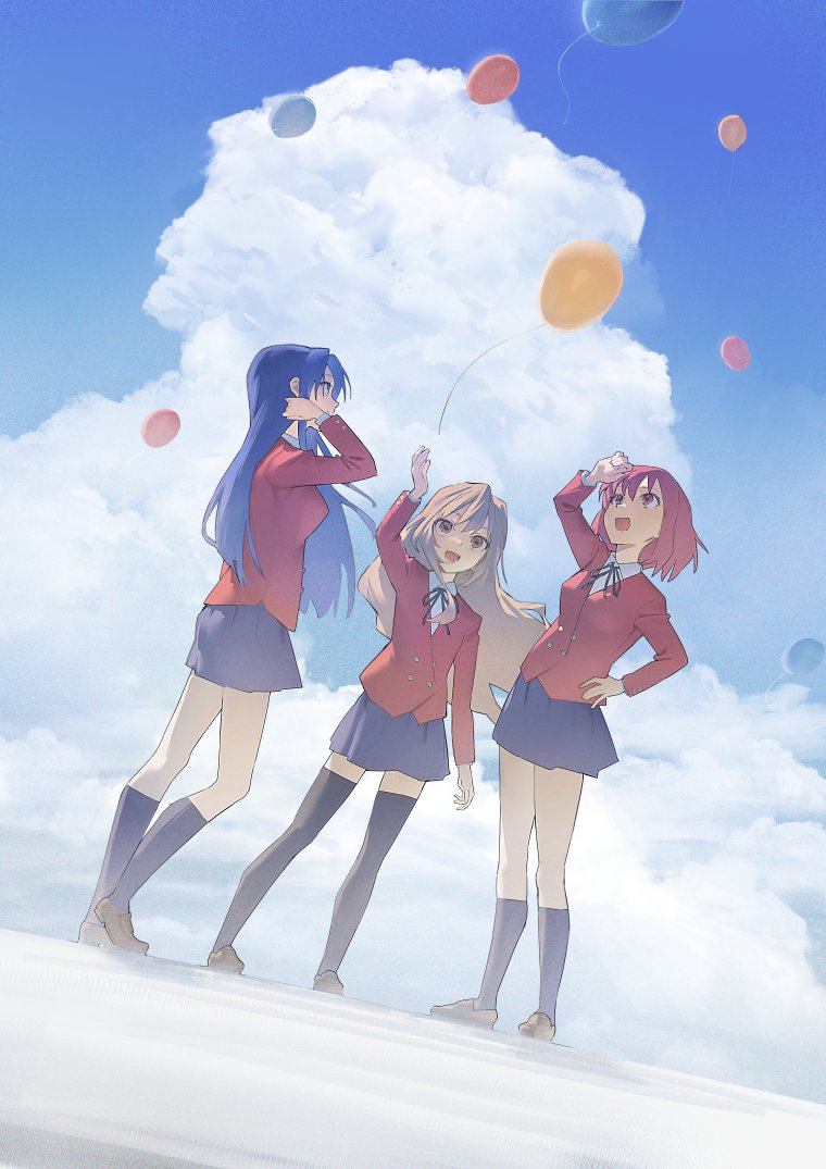 3girls aisaka_taiga arm_up balloon black_ribbon black_socks black_thighhighs blue_eyes blue_hair blue_skirt brown_eyes brown_footwear brown_hair cloud cloudy_sky full_body hand_on_own_hip jacket kawashima_ami kneehighs komari_dame kushieda_minori loafers long_hair multiple_girls neck_ribbon oohashi_high_school_uniform outdoors red_eyes red_hair red_jacket ribbon school_uniform shoes short_hair skirt sky socks standing thighhighs toradora!
