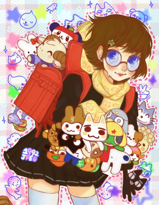 1992jpeg 1girl 2channel alternate_species annotation_request azumanga_daiou backpack bag bag_charm blue_eyes blush brown_hair cameo character_doll character_request charm_(object) chococat commentary copyright_request cowboy_shot doko_demo_issho dororo_(keroro_gunsou) english_commentary glasses hello_kitty hello_kitty_(character) inoue_toro keroro keroro_gunsou kirarin_revolution kuchipatchi kuro_(doko_demo_issho) lisa_(gaspard_and_lisa) looking_at_viewer mamegoma_(san-x) mametchi mascot media_factory miffy miffy_(character) mihama_chiyo&#039;s_father mikyan mimitchi minecraft_youtube molcar mona_(2ch) muffin_(sanrio) na-san original pandapple parappa parappa_the_rapper potato_(pui_pui_molcar) pui_pui_molcar rammie_(jschlatt) randoseru rilakkuma round_eyewear san-x sanrio scarf short_hair smile solo soragoma standing stuffed_animal stuffed_cat stuffed_panda stuffed_rabbit stuffed_sheep stuffed_toy tamagotchi teddy_bear the_misadventures_of_gaspard_and_lisa thighhighs too_many too_many_dolls usaru-san yellow_scarf youtooz yuru-chara zettai_ryouiki
