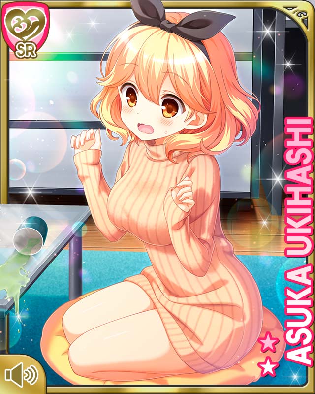 1girl bare_legs barefoot bedroom black_ribbon blonde_hair bottomless breasts brown_eyes card_(medium) cushion day girlfriend_(kari) green_tea hair_ribbon indoors medium_breasts official_art open_mouth qp:flapper ribbon short_hair sitting solo spilled_drink surprised sweater table tagme tea ukihashi_asuka yellow_sweater