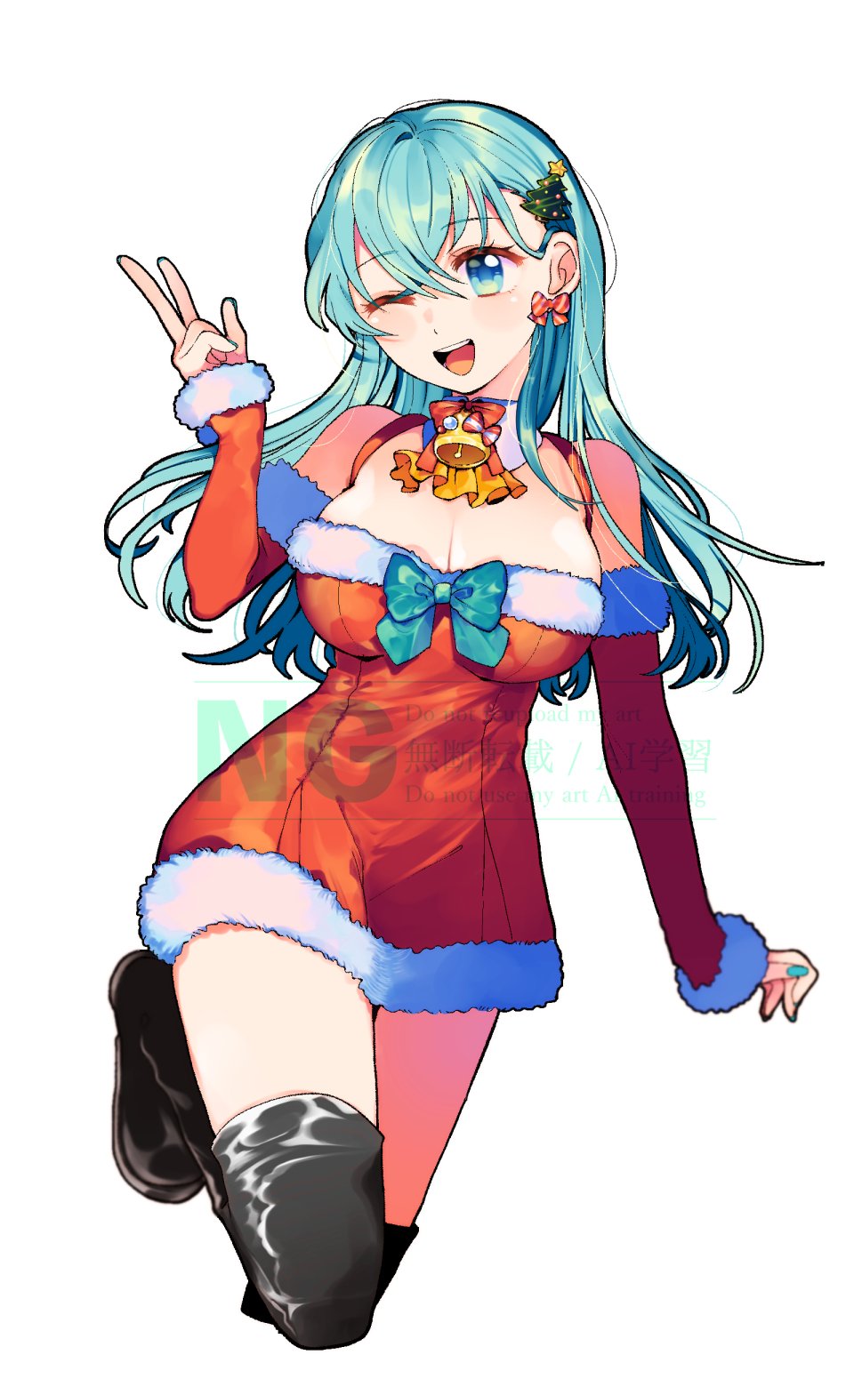 1girl aqua_eyes aqua_hair bare_shoulders bell black_boots boots bow breasts christmas christmas_tree_hair_ornament cleavage commentary detached_sleeves dress earrings eto_(etonomemo1008) fur_trim green_bow hair_ornament highres jewelry kantai_collection large_breasts long_hair nail_polish neck_bell one_eye_closed open_mouth red_dress simple_background solo suzuya_(christmas)_(kancolle) suzuya_(kancolle) symbol-only_commentary thigh_boots watermark white_background