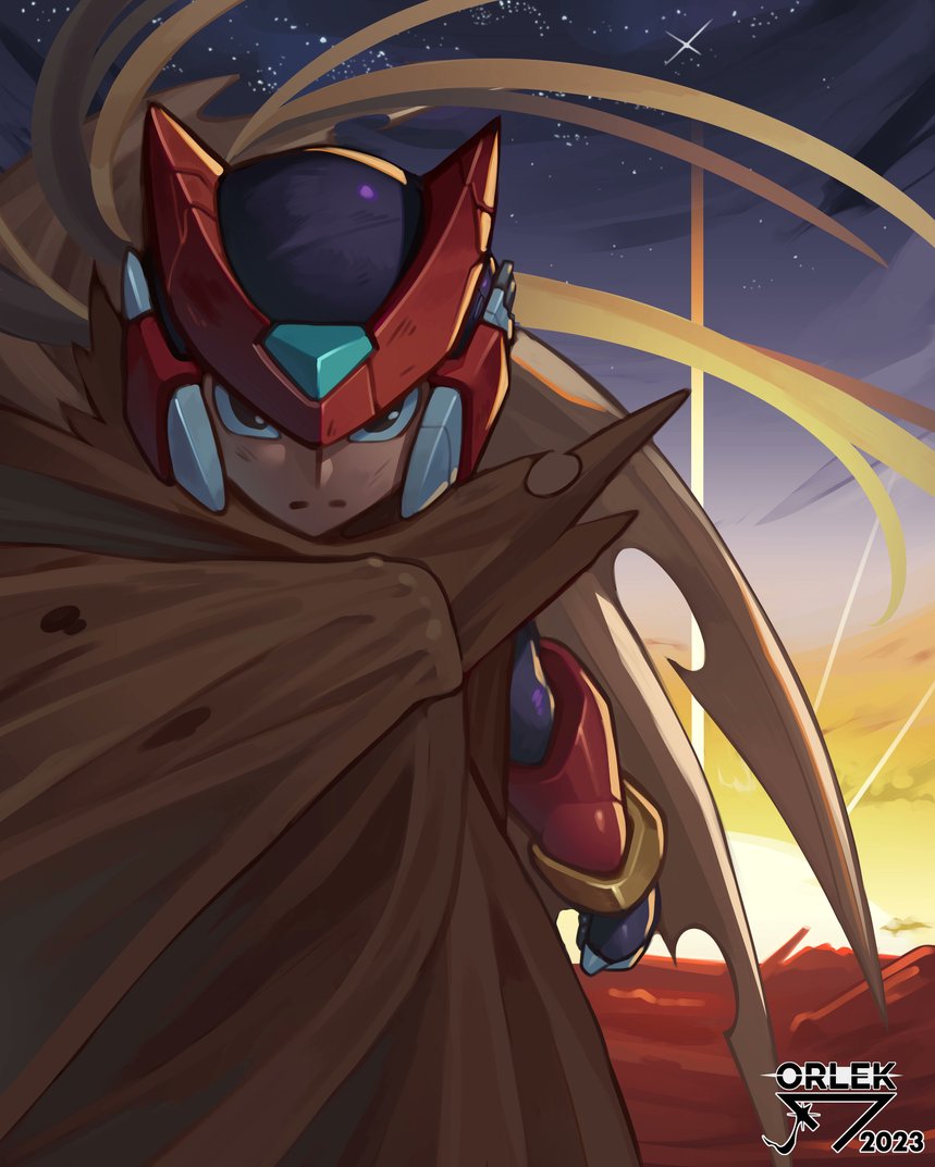 1boy 2023 android armor artist_name blonde_hair bodysuit brown_cloak cloak closed_mouth coat commentary english_commentary forehead_jewel gripping_clothes helmet long_hair looking_at_viewer male_focus mega_man_(series) mega_man_zero_(series) mega_man_zero_2 night night_sky orlek outdoors red_armor red_helmet robot serious sky sparkle split_mouth star_(sky) starry_sky sunset wasteland zero(z)_(mega_man) zero_(mega_man)