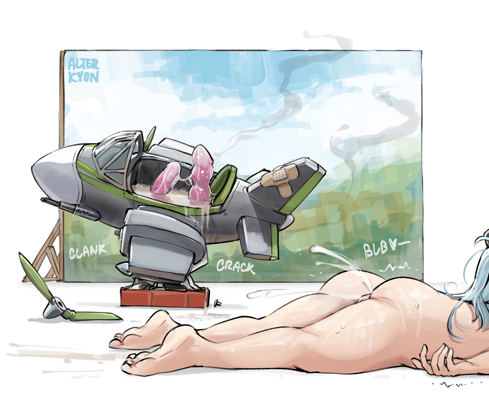 1girl aftersex alterkyon artist_name ass completely_nude cum dildo excessive_cum girls&#039;_frontline girls&#039;_frontline_2:_exilium grey_hair highres hk416_(girls&#039;_frontline) kiddie_ride klukai_(girls&#039;_frontline_2) long_hair lying nude on_stomach sex_toy solo toy_airplane
