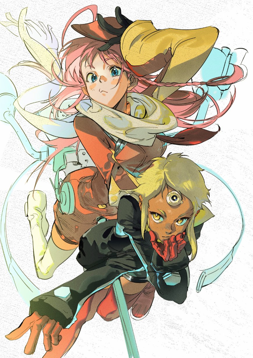 2girls atie1225 black_jumpsuit blonde_hair blue_eyes boots commentary dark-skinned_female dark_skin facial_mark forehead_mark highres jumpsuit lal&#039;c_mellk_mal long_hair looking_at_viewer multiple_girls nono_(top_wo_nerae_2!) pink_hair red_footwear red_jumpsuit sidelocks symbol-only_commentary thigh_boots top_wo_nerae!_(series) top_wo_nerae_2! white_footwear yellow_eyes