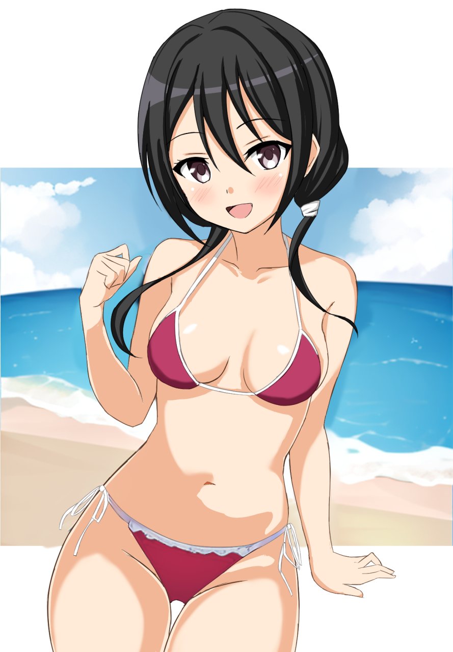 1girl bikini black_hair blue_sky breasts brown_eyes cloud commentary_request groin highres kusunoki_mebuki low_twintails medium_breasts navel ocean open_mouth red_bikini side-tie_bikini_bottom sitting sky smile solo swimsuit teru_(telltakumu2014) twintails yuuki_yuuna_wa_yuusha_de_aru yuuki_yuuna_wa_yuusha_de_aru:_hanayui_no_kirameki yuusha_de_aru